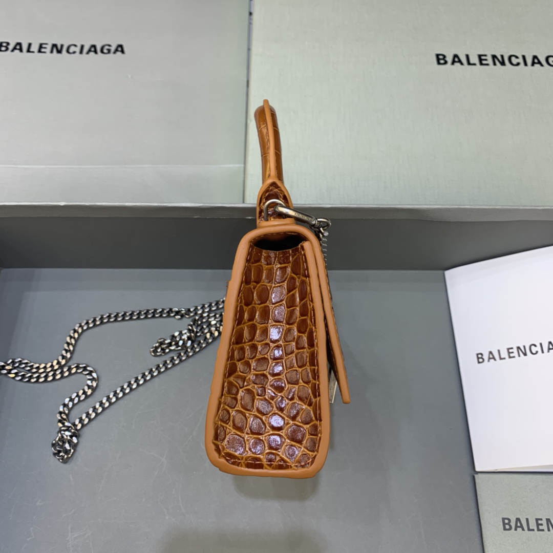 Balenciaga Hourglass Mini Handbag With Chain Crocodile Embossed Shoulder Bag Brown